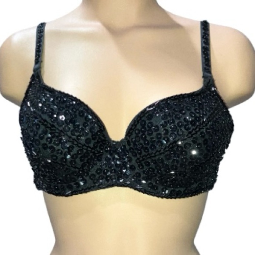 Handmade Belly Dancer Costume Burlesque Showgirl Beaded Sequin Black Bra 34C 36B